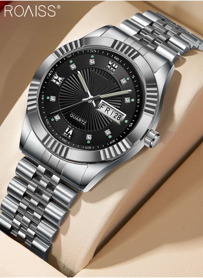 roaiss Stainless Steel Strap Couple Quartz Watch Set, Analog Display Round Dial with Rhinestones Decoration, Luxurious Luminous Waterproof Calendar Watch Gift for Men Women  - Image 3