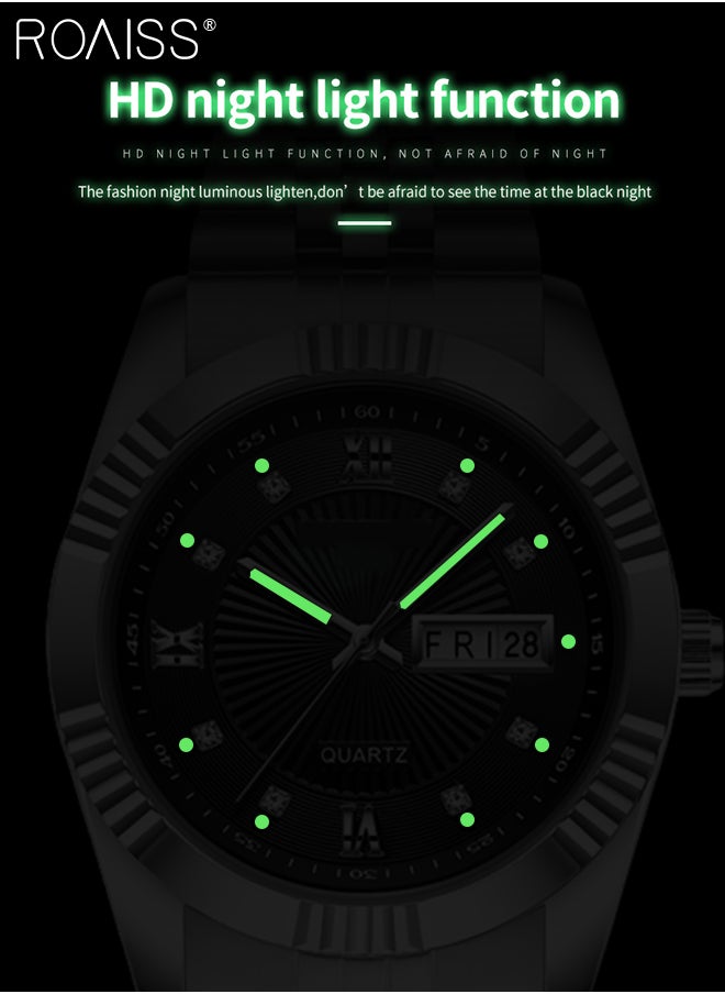 roaiss Stainless Steel Strap Couple Quartz Watch Set, Analog Display Round Dial with Rhinestones Decoration, Luxurious Luminous Waterproof Calendar Watch Gift for Men Women  - Image 5