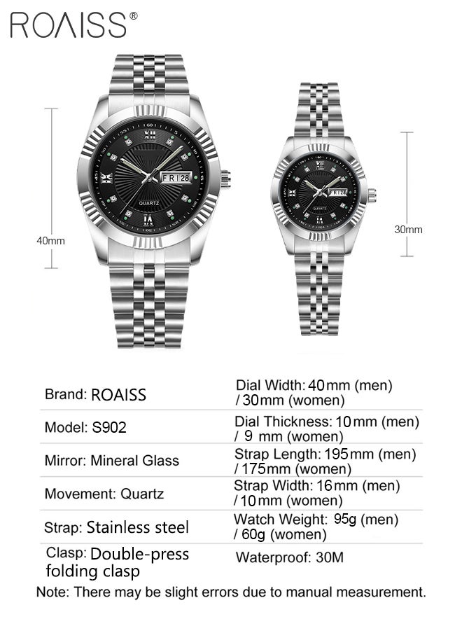 roaiss Stainless Steel Strap Couple Quartz Watch Set, Analog Display Round Dial with Rhinestones Decoration, Luxurious Luminous Waterproof Calendar Watch Gift for Men Women  - Image 4