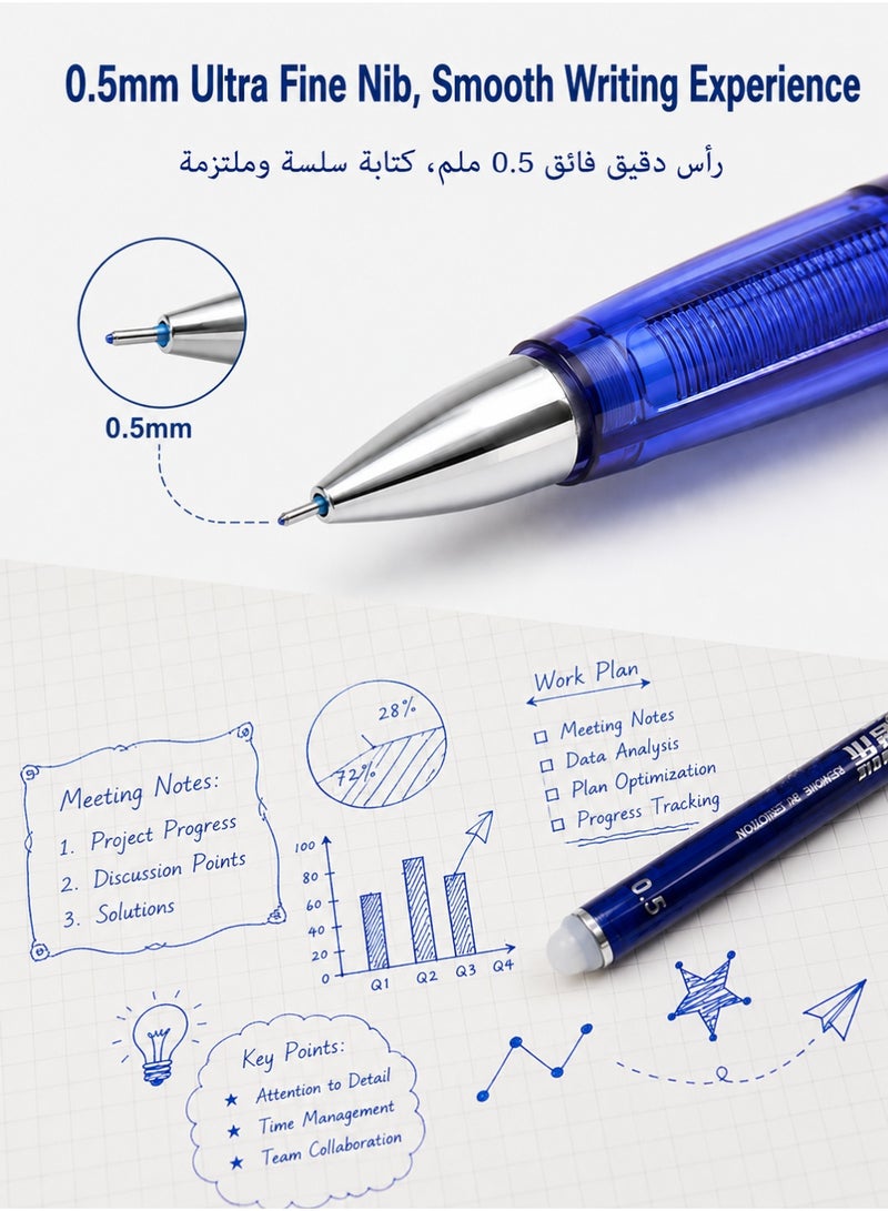 مجموعة أقلام جل قابلة للمسح 12 قطعة، قلم كروي قابل للسحب رأس دقيق 0.5 ملم، حبر أزرق حراري سريع الجفاف، قلم كتابة سلس لملاحظات الطلاب ورسم الأطفال والاستخدام اليومي للمكتب - Image 3