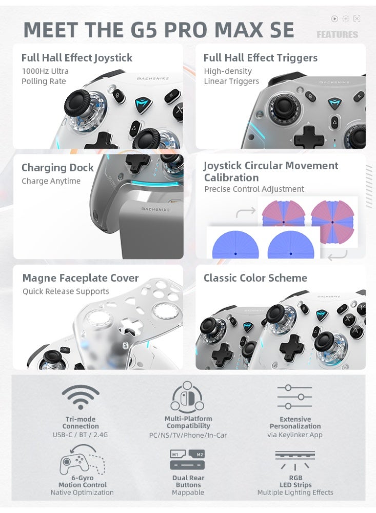 ماكينيك وحدة تحكم G5Pro Max SE لاسلكية مزودة بقاعدة شحن، وعصا تحكم بتأثير هول، وتصميم انسيابي، وعصا تحكم قابلة للتبديل، ومعدل استطلاع 1000 هرتز، ومتوافقة مع أجهزة الكمبيوتر، وأجهزة سويتش، والتلفزيون، والأجهزة اللوحية. - Image 3
