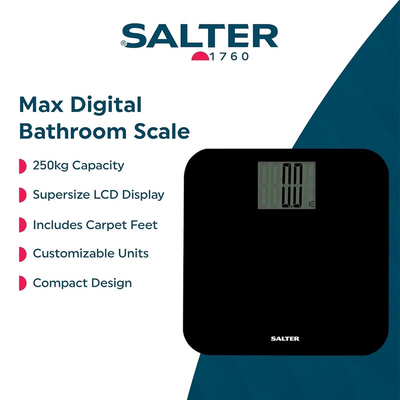 Salter 9049 BK3R Max Digital Bathroom Scale Weighing Scales For Body Weight Supersize LCD Display 250kg 39st 6 lb Includes Carpet Feet Battery Step On Instant Weight Readings Compact Design - Image 2