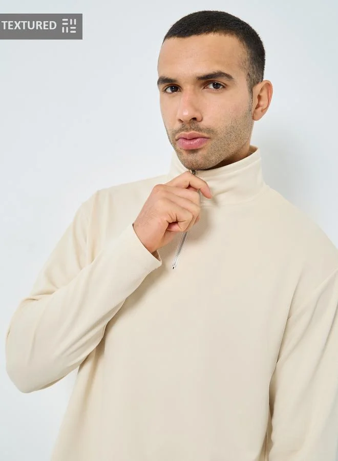 Styli Styli Men Cream Textured Quarter Zip Sweatshirt