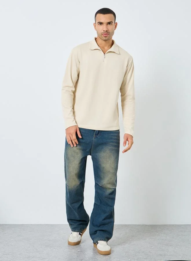 Styli Styli Men Cream Textured Quarter Zip Sweatshirt