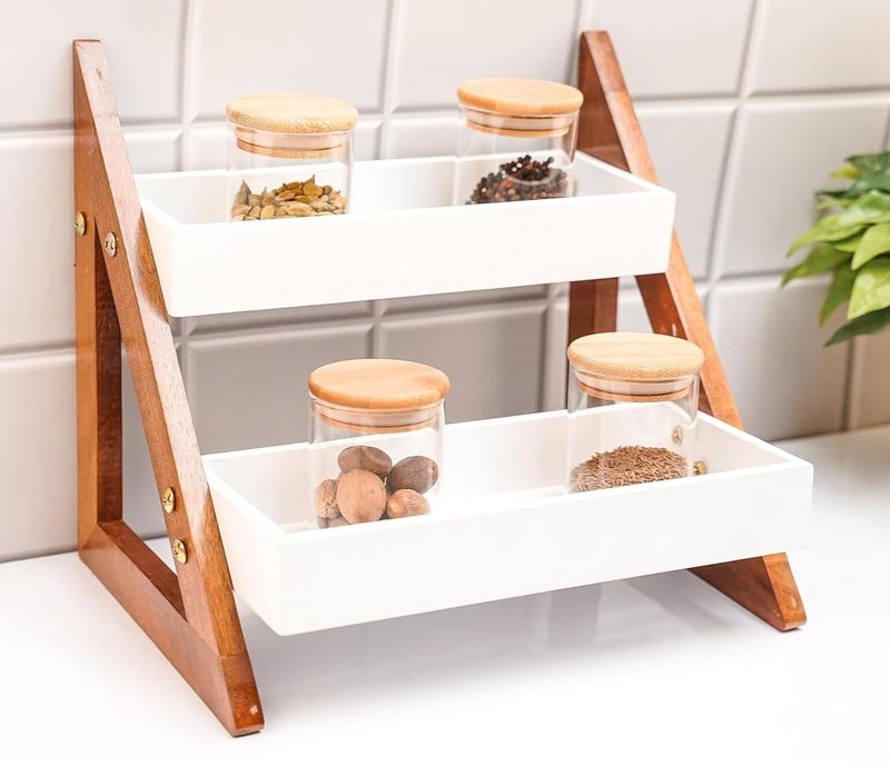 UHUD CRAFTS Multipurpose Wooden Triangluar Countertop Spice Rack | Kitchen Counter Top Organizer | 2-Tier Kitchen Storage Organizer Tiered Shelf| Jars And Bottle Holder & Kithen Decor Item - Image 1