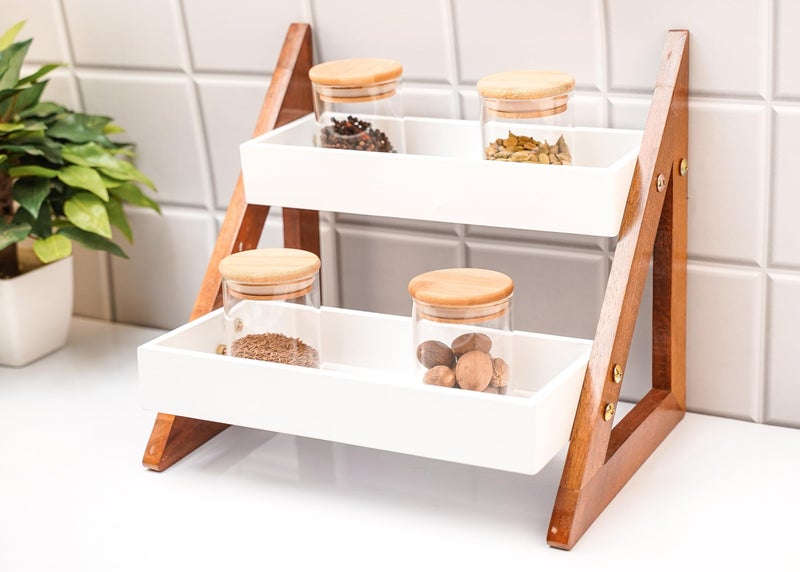 UHUD CRAFTS Multipurpose Wooden Triangluar Countertop Spice Rack | Kitchen Counter Top Organizer | 2-Tier Kitchen Storage Organizer Tiered Shelf| Jars And Bottle Holder & Kithen Decor Item - Image 3