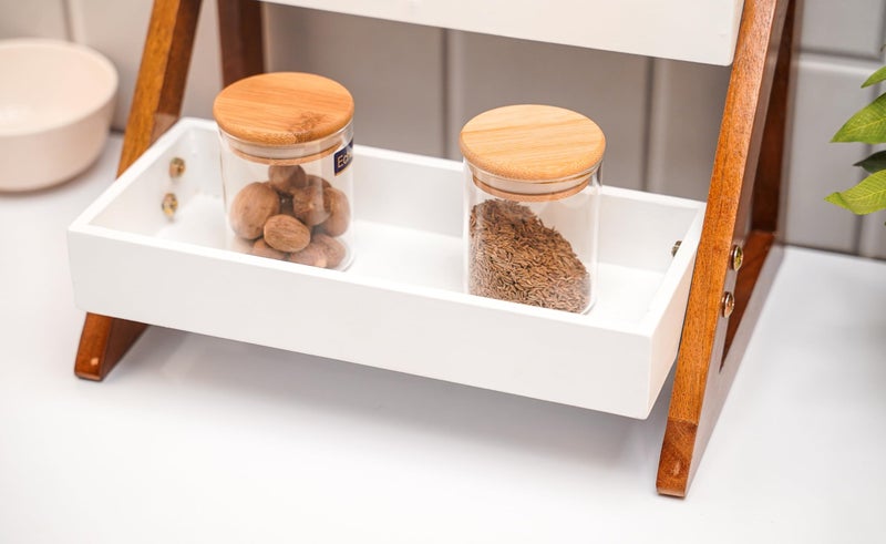 UHUD CRAFTS Multipurpose Wooden Triangluar Countertop Spice Rack | Kitchen Counter Top Organizer | 2-Tier Kitchen Storage Organizer Tiered Shelf| Jars And Bottle Holder & Kithen Decor Item - Image 2