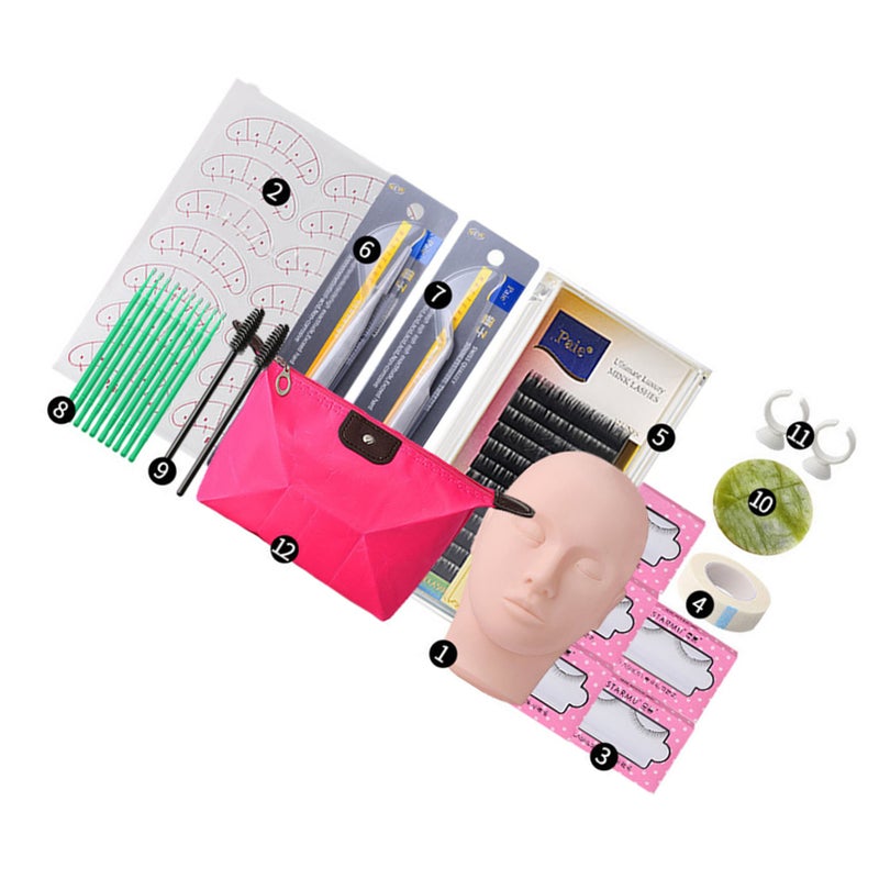 Eyelash Extension Mannequin Head Kit Eye Pads Lashes Tweezers Lash Training Practice Head Set 12pcs - Image 2