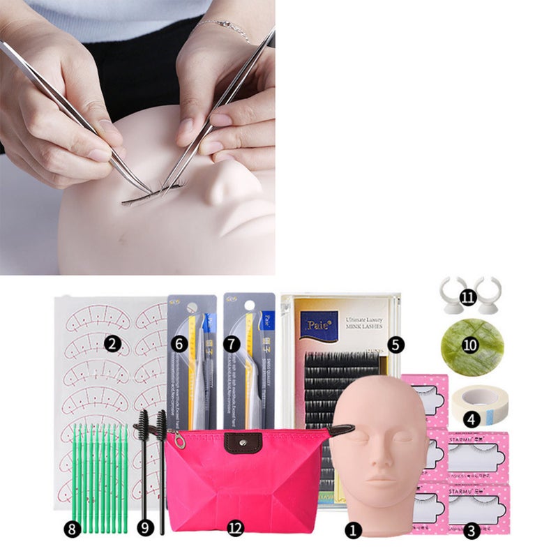Eyelash Extension Mannequin Head Kit Eye Pads Lashes Tweezers Lash Training Practice Head Set 12pcs - Image 5