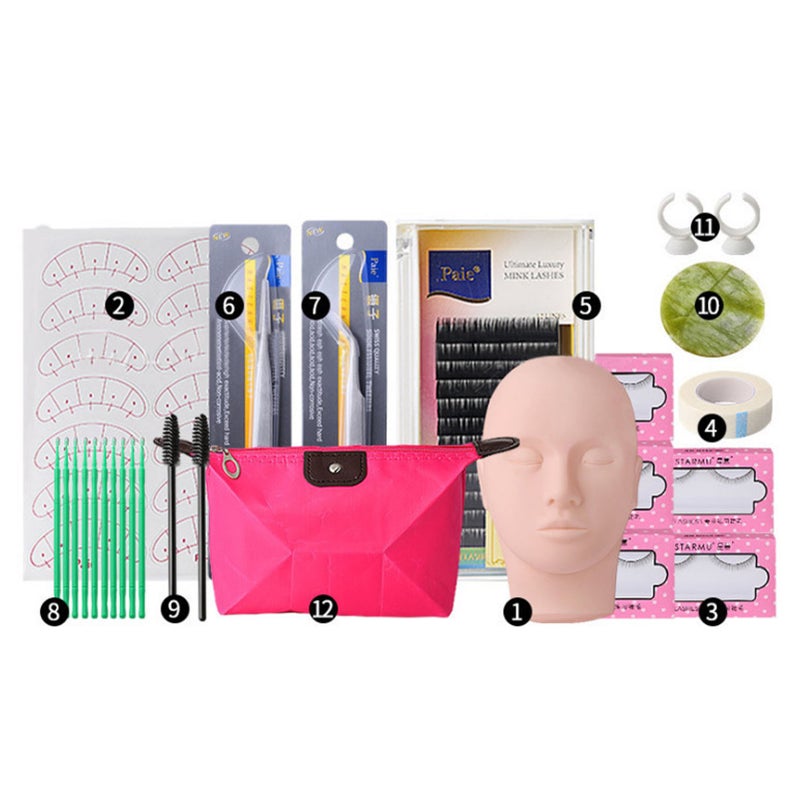 Eyelash Extension Mannequin Head Kit Eye Pads Lashes Tweezers Lash Training Practice Head Set 12pcs - Image 1