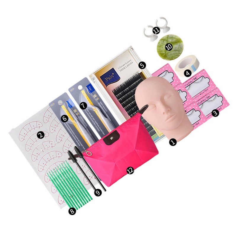 Eyelash Extension Mannequin Head Kit Eye Pads Lashes Tweezers Lash Training Practice Head Set 12pcs - Image 3