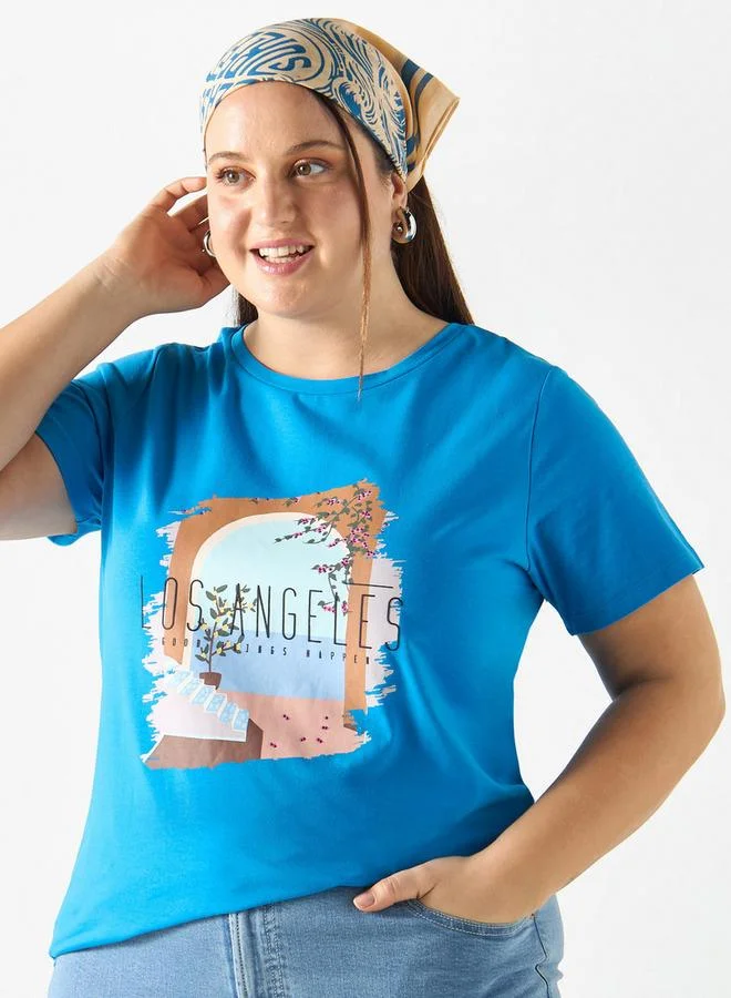 Ulla Popken Plus Size Ulla Popken Graphic Print T-shirt with Crew Neck