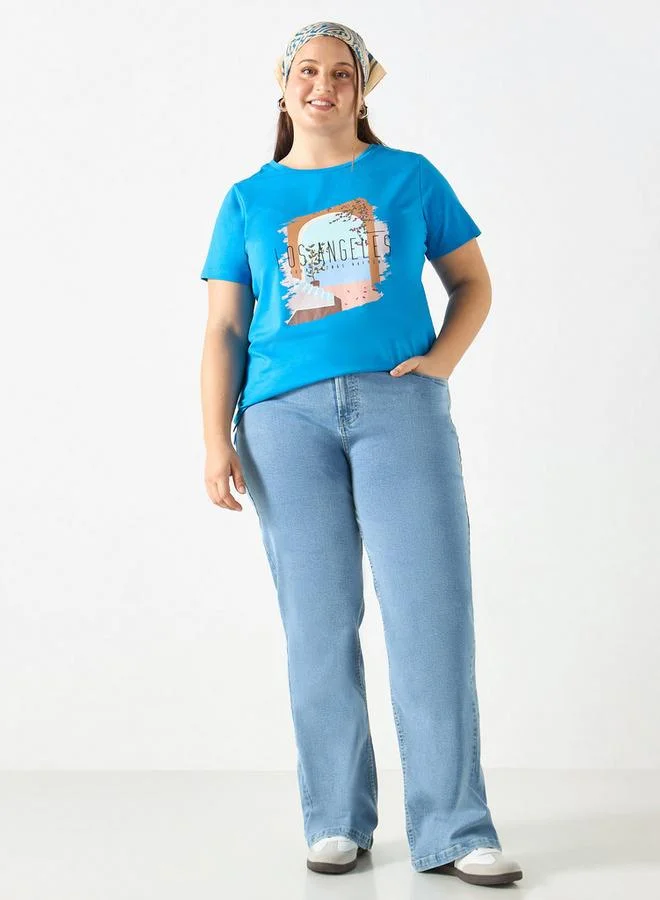 Ulla Popken Plus Size Ulla Popken Graphic Print T-shirt with Crew Neck