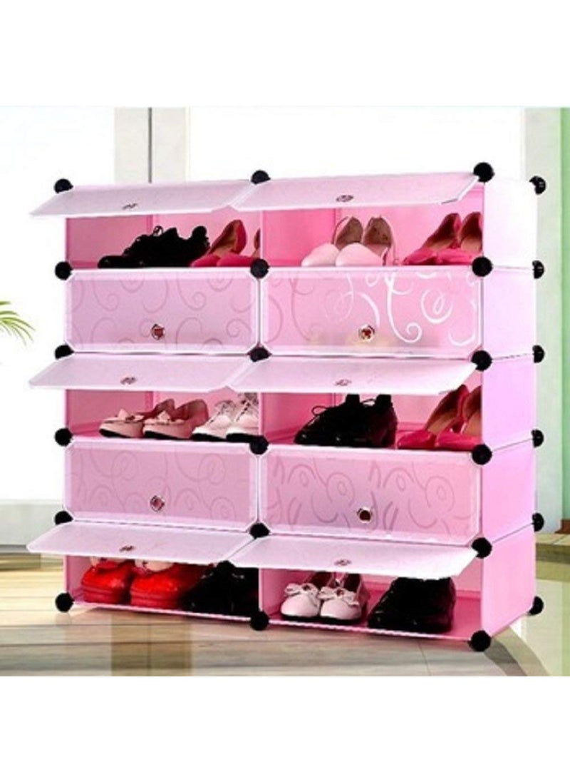 Styleys Styleys Plastic Shoe Rack with Cover for Home/Office Cube Organizer Wardrobe Black (10 Cube Pink), S1931-10  - Image 2