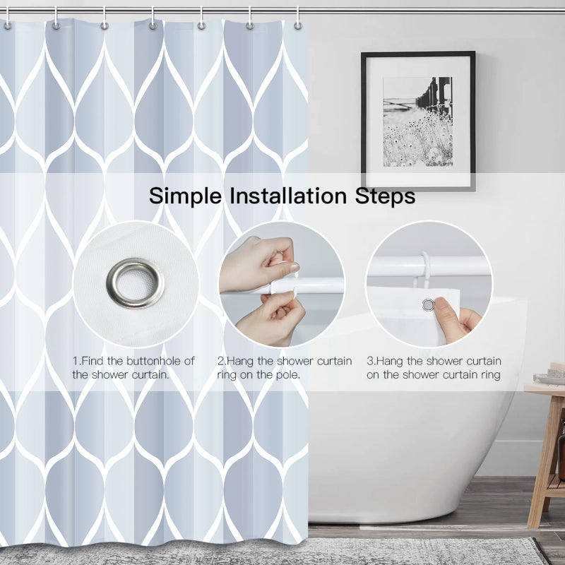 Gelbchu Light Blue Geometric Shower Curtain  Waterproof Design and Polyester  Quick-Drying  Weighted Hem  Blue Shower Curtains Set for Bathroom W 72 x H 72  Machine Washable with 12 Hooks - Image 3