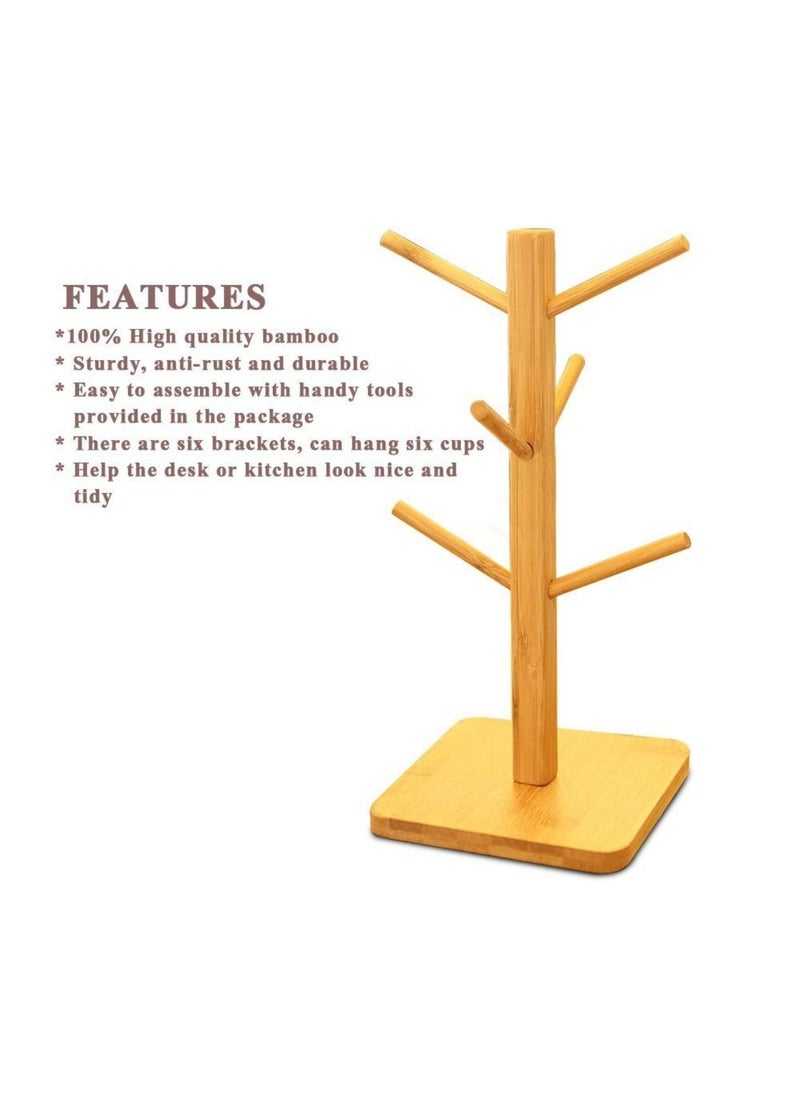 VIO - VIO Mug Rack Tree, Organic Bamboo Mug Holder/Stand, Mug Hook, Storage Coffee Tea Cup Organizer Hanger Holder with 6 Hooks (SQUARE) - Image 1