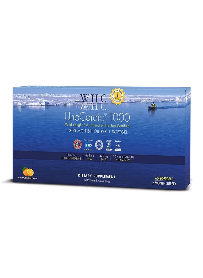 WHC - Unocardio 1000 Fish Oil 1300 Mg Of Pure Triglyceride Fish Oil With Omega3 1180 Mg 665 Mg Epa And 445 Mg Dha And 25 Mcg 1000 Iu Vitamin D3 Per Softgel Natural Orange 60 Softgels - Image 1