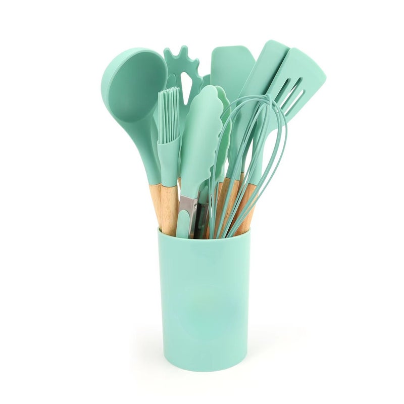 Wooden Handle Silicone Kitchenware 12-Piece Set Cooking Non-Stick Cookware suit Storage Barrel Silicone Kitchenware 12-Piece Set(Off-white kitchenware 12-piece set) - Image 5