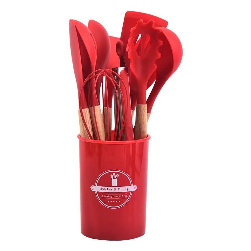 Wooden Handle Silicone Kitchenware 12-Piece Set Cooking Non-Stick Cookware suit Storage Barrel Silicone Kitchenware 12-Piece Set(Off-white kitchenware 12-piece set) - Image 4