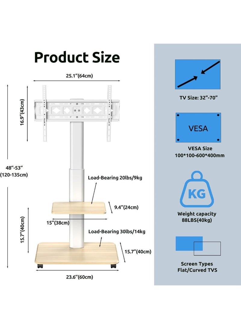 Gogoya Mobile Rolling TV Stand with Shelf, Height Adjustable Tilt Swivel Mount for 32-75 Inch TV, 110 lbs VESA 600x400mm,White - Image 2