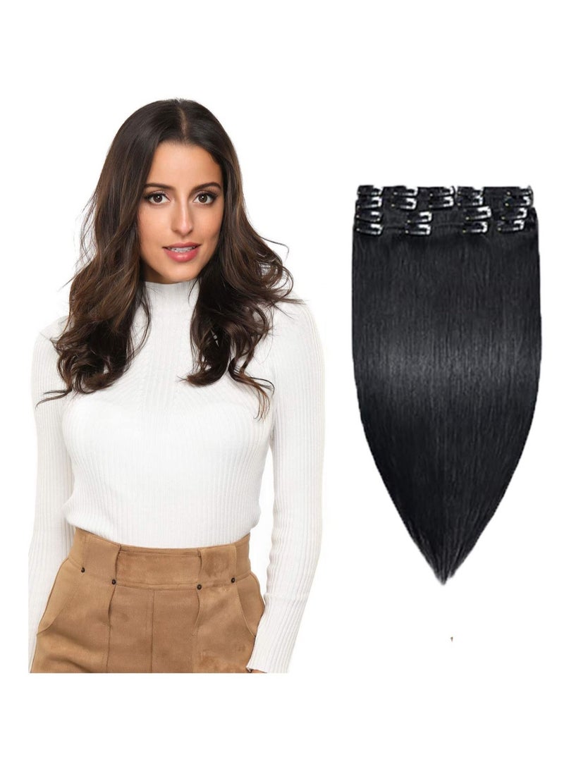 إستيل وصلات شعر بشري ريمي 8 قطع 18 مشابك أسود لامع - Image 1