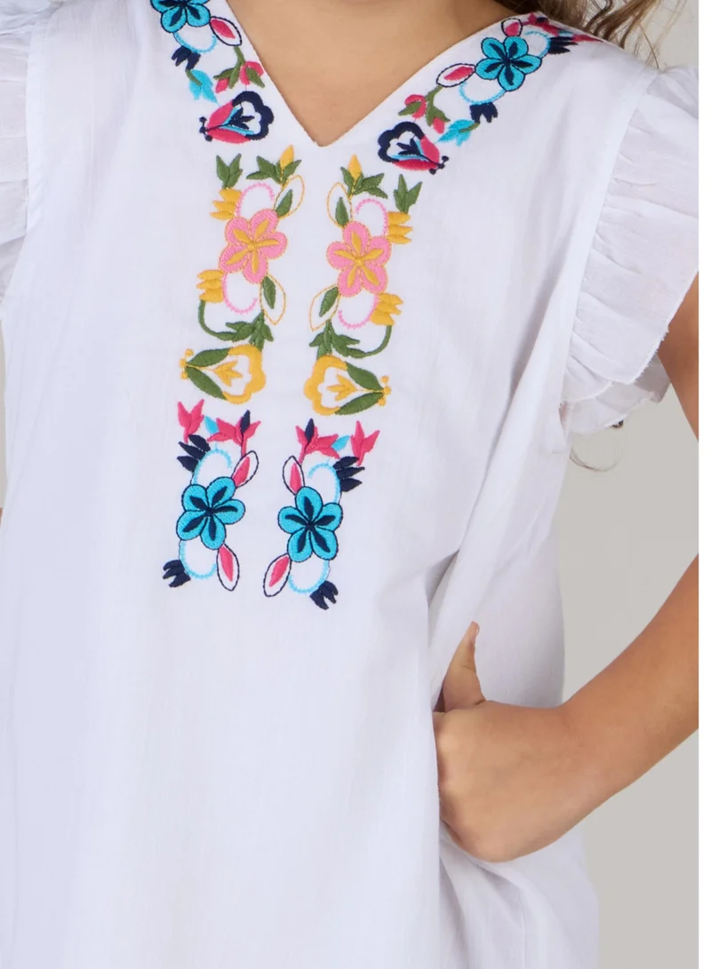 Just Nature white Embroidered Dress with Butterfly Sleeves for Women | Best Price UAE