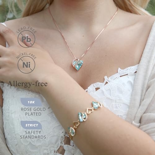 Leafael Rose Gold Plated Necklace for Women: Heart Shaped Light Blue Crystal Center, March Birthstone, Dazzling Cubic Zirconia, Hypoallergenic Chain (18"+2"), Timeless Jewelry Gifts for Her - Image 2
