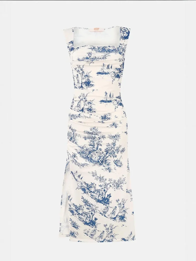 زوبعة فستان ميدي مطبوع بدون أكمام