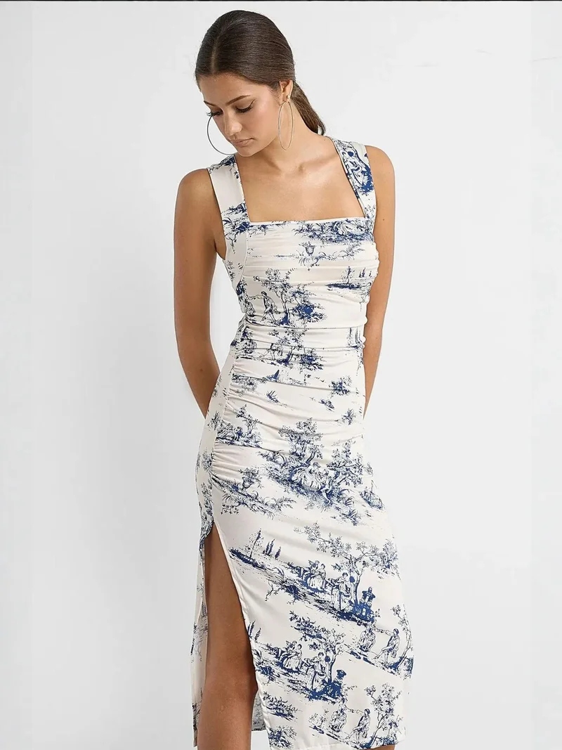 زوبعة فستان ميدي مطبوع بدون أكمام