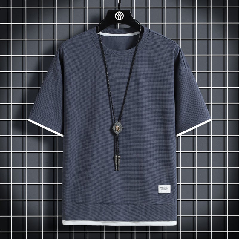 Summer waffle T-shirt mens fake two-piece loose half-sleeve T-shirt ice silk thin round neck short-sleeve T-shirt jacket thin H2103 Gray 