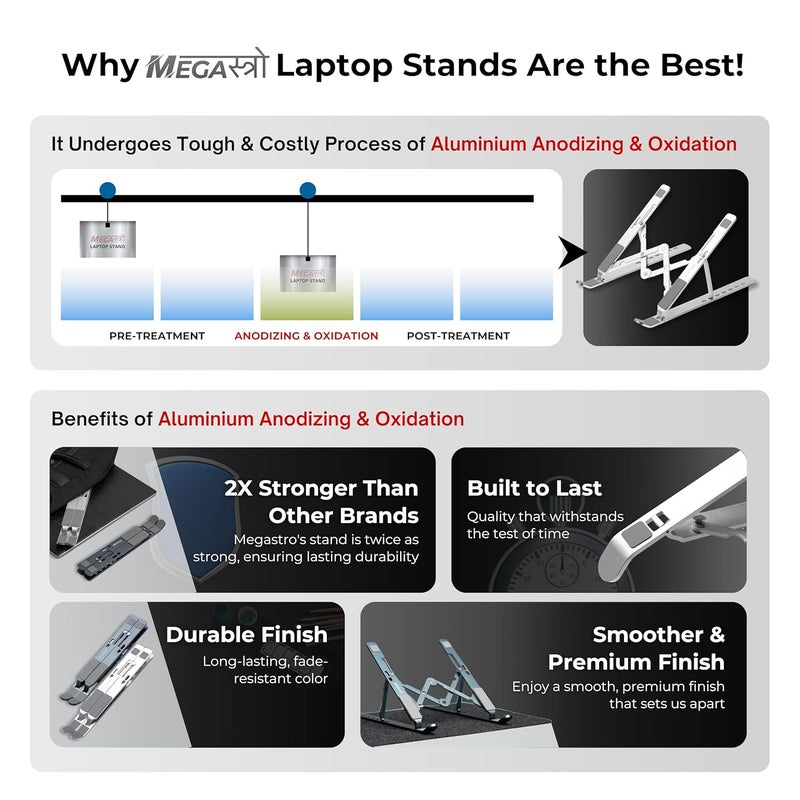 MegaStro ® Laptop Stand for Desk with 7 Adjustable Angles, Aluminum Ergonomic Foldable Portable Compatible with All Brands 6-17.3 [with Pouch] [with Wire Protectors] (Metallic Silver) - Image 3