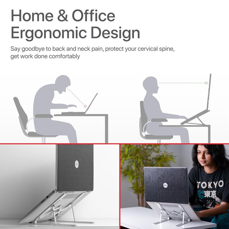 MegaStro ® Laptop Stand for Desk with 7 Adjustable Angles, Aluminum Ergonomic Foldable Portable Compatible with All Brands 6-17.3 [with Pouch] [with Wire Protectors] (Metallic Silver) - Image 5