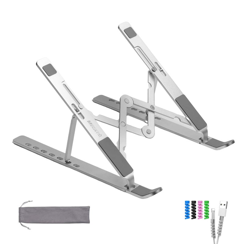 MegaStro ® Laptop Stand for Desk with 7 Adjustable Angles, Aluminum Ergonomic Foldable Portable Compatible with All Brands 6-17.3 [with Pouch] [with Wire Protectors] (Metallic Silver) - Image 1
