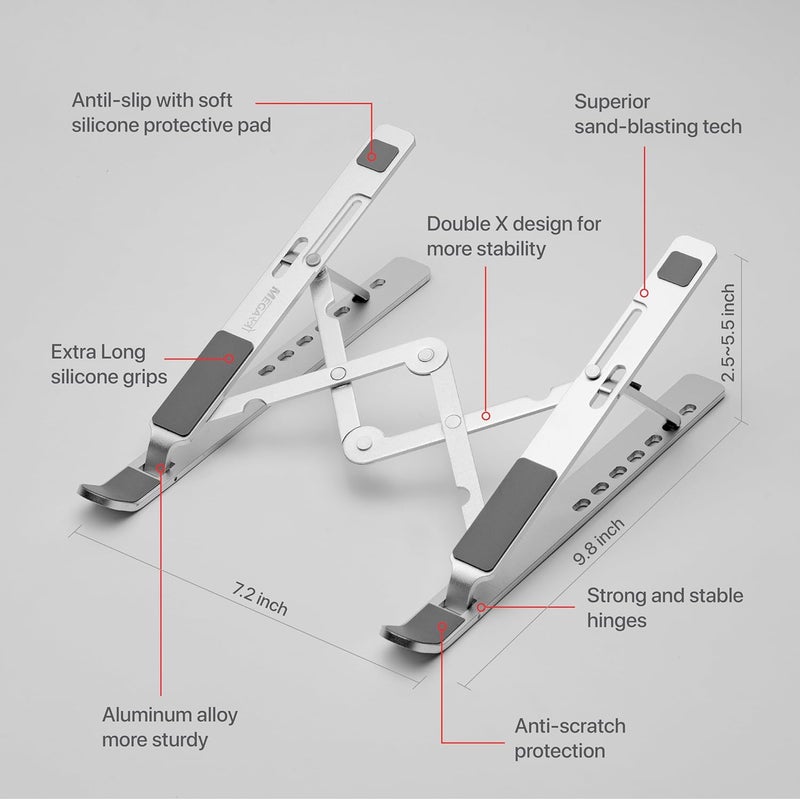 MegaStro ® Laptop Stand for Desk with 7 Adjustable Angles, Aluminum Ergonomic Foldable Portable Compatible with All Brands 6-17.3 [with Pouch] [with Wire Protectors] (Metallic Silver) - Image 2