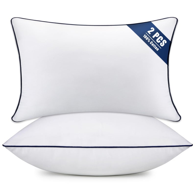 OKBA Throw Pillow Inserts Set of 2-Fluffy Square Cushions with 100% Cotton Covers-Decorative White Pillow Fillers for Sofa, Bed, Couch, Living Room, Indoor Hotel Pillows (12x20 Inch (Pack of 2)-Blue Edge) - Image 1