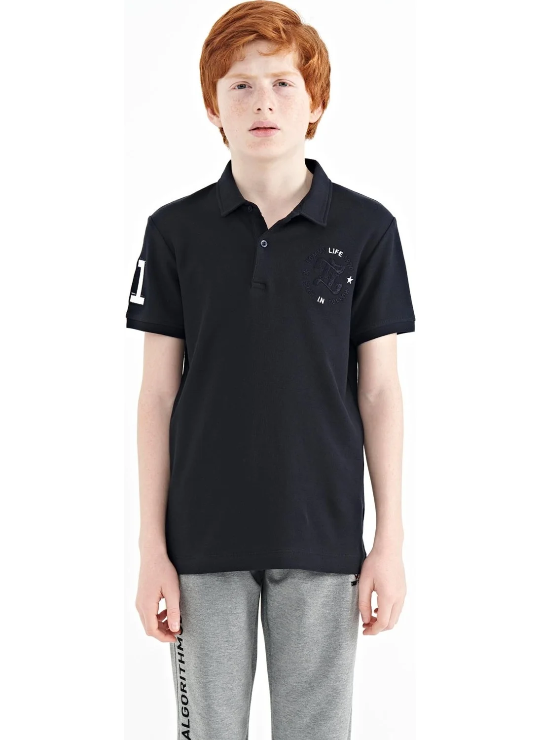 Tommy Life Navy Blue Sleeve Chest Embroidery Detailed Standard Pattern Polo Collar Boy T-Shirt - 11086
