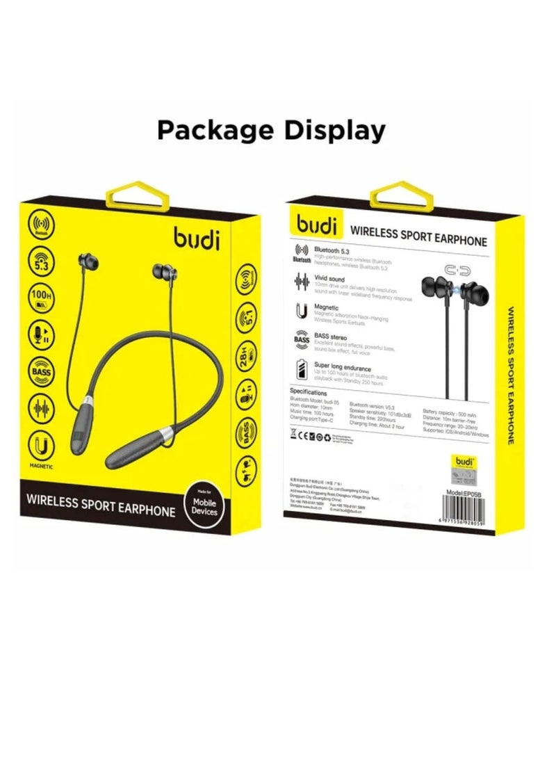 budi - Budi EP05B Sport Headphone Wireless Neckband Bluetooth 5.3 Black - Image 1