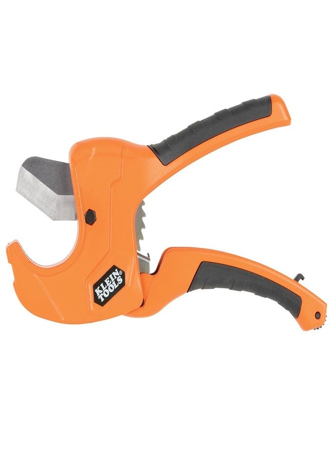 Klein Tools 50063 Ratcheting PVC Pipe Cutter, Cuts 1-1/4-Inch I.D. PVC, CPVC, PEX Pipes, One-Handed Operation, Replaceable Blades - Image 1