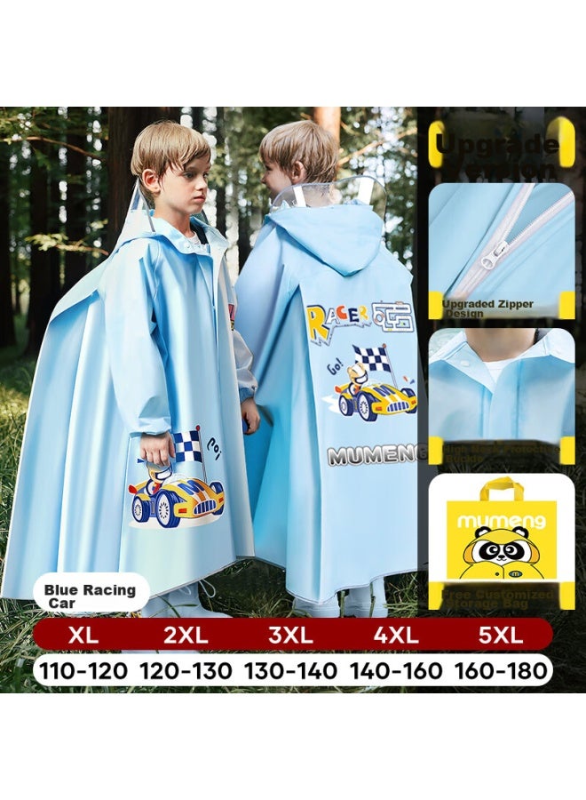 Moremerry Children's Raincoat With Backpack Space For Boys And Girls, Extended Full-body Student Poncho, Blue Racing Car Zipper Style, 5XL - Image 1