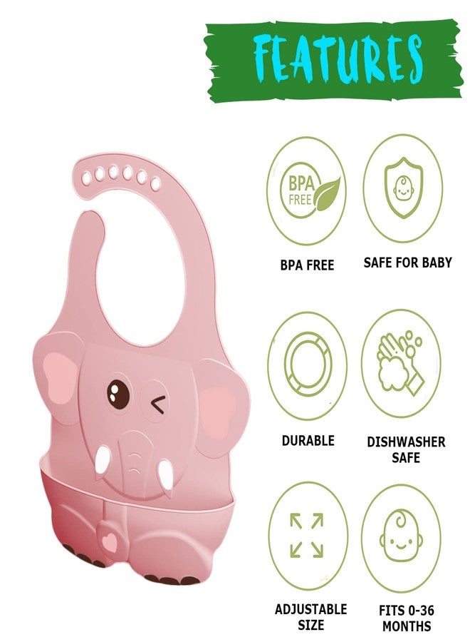 GUCHIGU Waterproof Silicone Baby Bib for Feeding Babies and Toddlers, Unisex Set of 2 Silicon Baby Feeding Bibs for Infants and Toddlers 4M to 4Yr Cute Printing with Rice Pocket (Pink, Set of 1) - Image 2