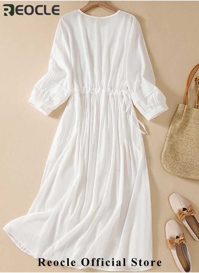 REOCLE Women's Maxi Dresses Smocked Floral Dress Crewneck Lace Tiered Midi Dresses Beach Summer Long Dress Bridesmaid Cocktail Party Maxi Dress  - Image 5