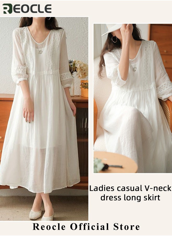 REOCLE Women's Maxi Dresses Smocked Floral Dress Crewneck Lace Tiered Midi Dresses Beach Summer Long Dress Bridesmaid Cocktail Party Maxi Dress  - Image 3