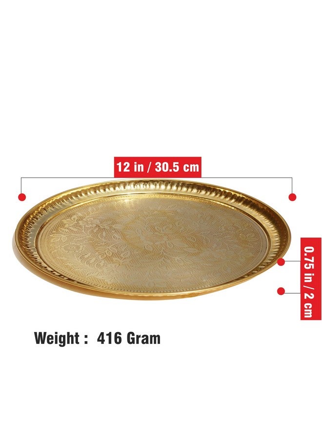 Pure Source India Handmade Flower Embossed Design Brass Puja Thali, Meenakari Pital Aarti Plate Used for Hindu Rituals Like Pooja, Karwa Chauth, Rakhi, Diwali, Return Gift Items (12 inches) - Image 4