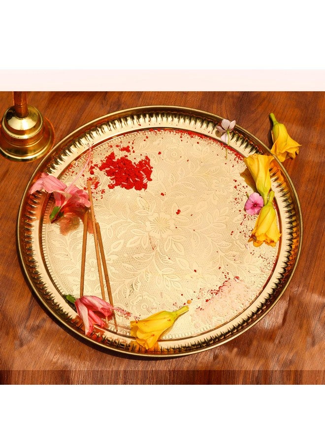 Pure Source India Handmade Flower Embossed Design Brass Puja Thali, Meenakari Pital Aarti Plate Used for Hindu Rituals Like Pooja, Karwa Chauth, Rakhi, Diwali, Return Gift Items (12 inches) - Image 3