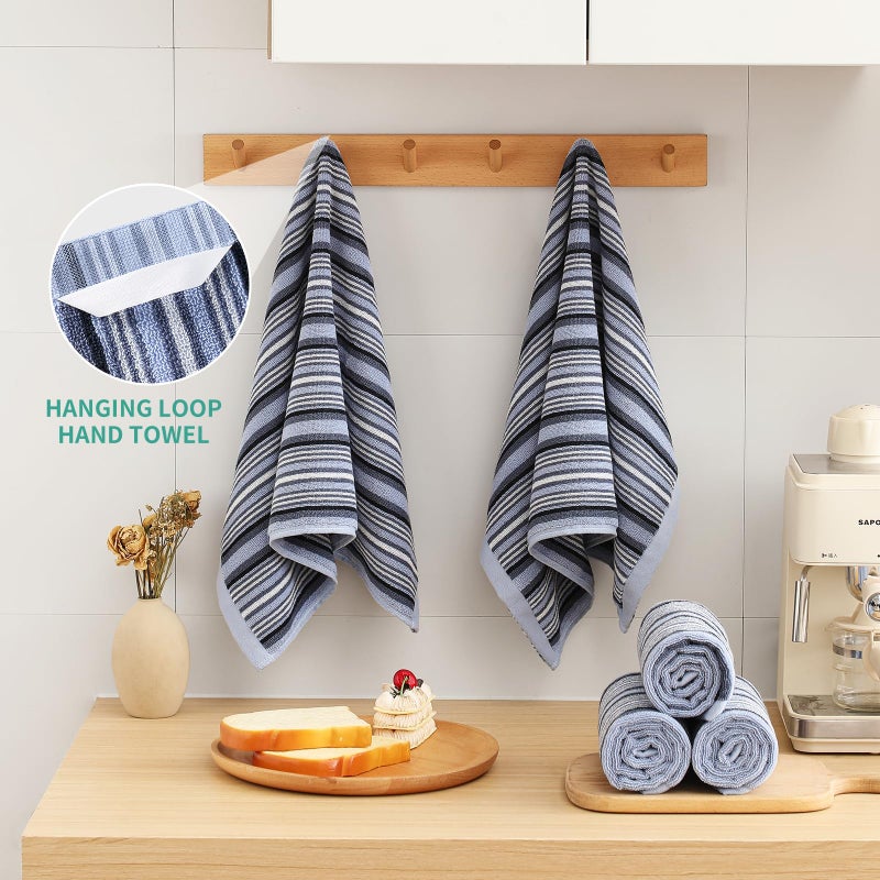 SALAS Premium Kitchen Dish Towels for Drying Dishes  Large Cotton Kitchen Towels  Stripped Terry Dish Cloths  Thick Highly Absorbent Kitchen Towel Sets with Hanging Loop  16"" X 26""  6 Packs Blue - Image 4