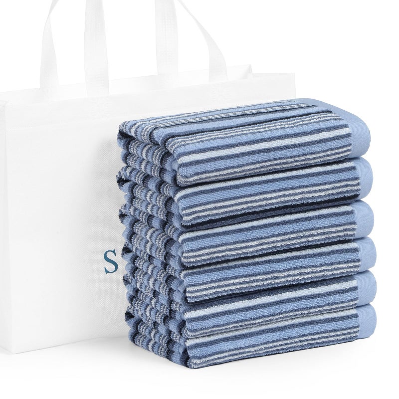 SALAS Premium Kitchen Dish Towels for Drying Dishes  Large Cotton Kitchen Towels  Stripped Terry Dish Cloths  Thick Highly Absorbent Kitchen Towel Sets with Hanging Loop  16"" X 26""  6 Packs Blue - Image 1