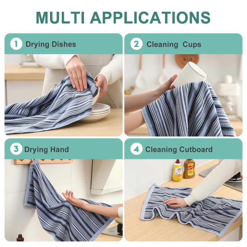 SALAS Premium Kitchen Dish Towels for Drying Dishes  Large Cotton Kitchen Towels  Stripped Terry Dish Cloths  Thick Highly Absorbent Kitchen Towel Sets with Hanging Loop  16"" X 26""  6 Packs Blue - Image 5