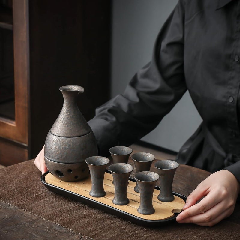 TEANAGOO 10 Pcs Sake Set, Sake Cups(0.9 Oz) with Bamboo Tray, Saki Cup Set with Warmer Pot(6 Oz), Sake Warmer Gift Sets for Friends/Family In Winter. Sake Set with Warmer for Christmas, Birthday, T4 - Image 2