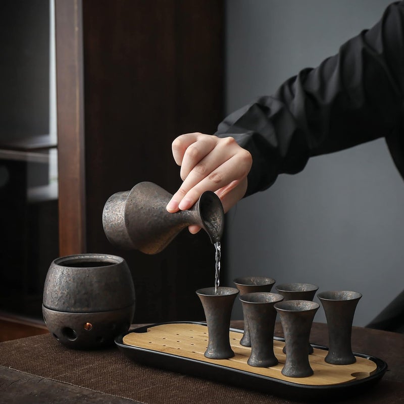 TEANAGOO 10 Pcs Sake Set, Sake Cups(0.9 Oz) with Bamboo Tray, Saki Cup Set with Warmer Pot(6 Oz), Sake Warmer Gift Sets for Friends/Family In Winter. Sake Set with Warmer for Christmas, Birthday, T4 - Image 3