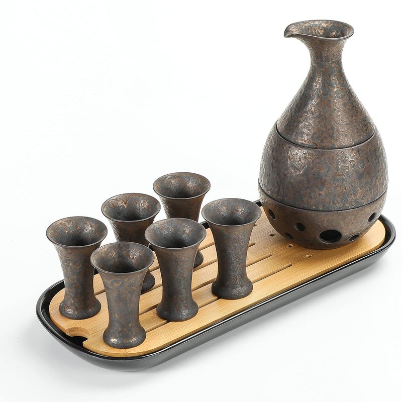 TEANAGOO 10 Pcs Sake Set, Sake Cups(0.9 Oz) with Bamboo Tray, Saki Cup Set with Warmer Pot(6 Oz), Sake Warmer Gift Sets for Friends/Family In Winter. Sake Set with Warmer for Christmas, Birthday, T4 - Image 1